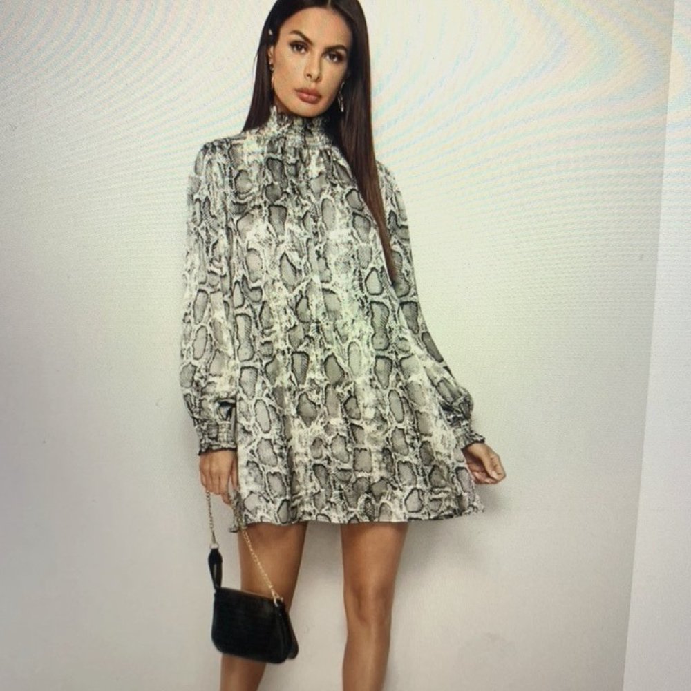 Long-Sleeve Snakeskin Tunic Dress